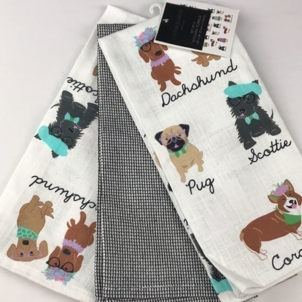 Cynthia Rowley - ‘Sweater/Hat Doggie’ dish towels. Set of 3.  NWT.